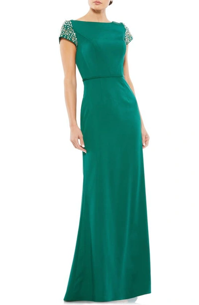 Shop Mac Duggal Beaded Cap Sleeve Satin Sheath Gown In Emerald