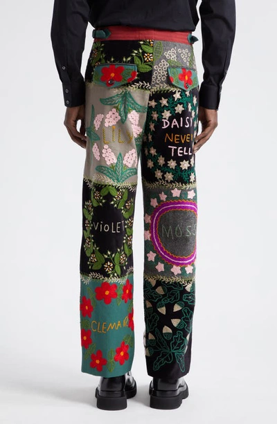Shop Bode Floral Genus Embroidered Patchwork Wool & Cotton Straight Leg Pants In Multi