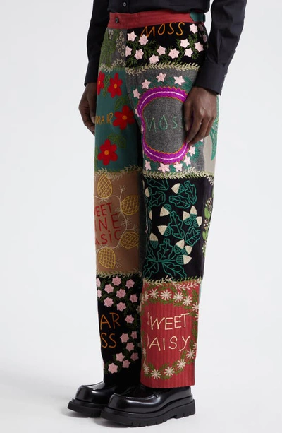 Shop Bode Floral Genus Embroidered Patchwork Wool & Cotton Straight Leg Pants In Multi