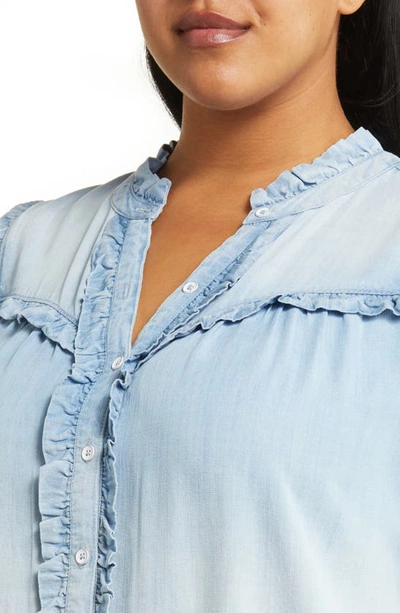 Shop Wit & Wisdom Ruffle Trim Chambray Button-up Top In Light Powder Blue