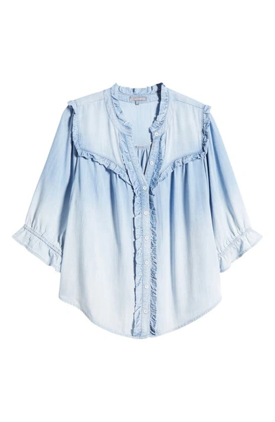 Shop Wit & Wisdom Ruffle Trim Chambray Button-up Top In Light Powder Blue
