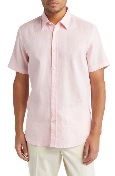 Shop Hugo Boss Ross Slim Fit Short Sleeve Linen Blend Button-up Shirt In Pink
