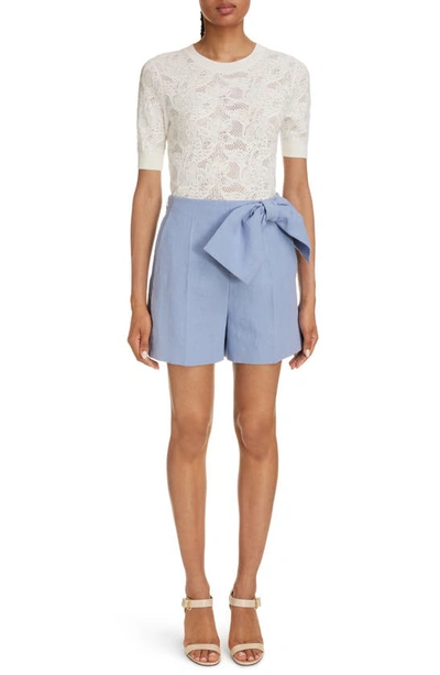 Shop Chloé Bow Detail Linen Shorts In Pebble Blue