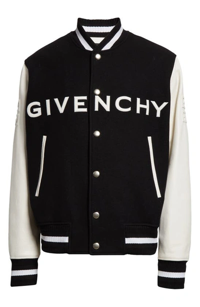 Shop Givenchy Embroidered Logo Mixed Media Leather & Wool Blend Varsity Jacket In Black/ White