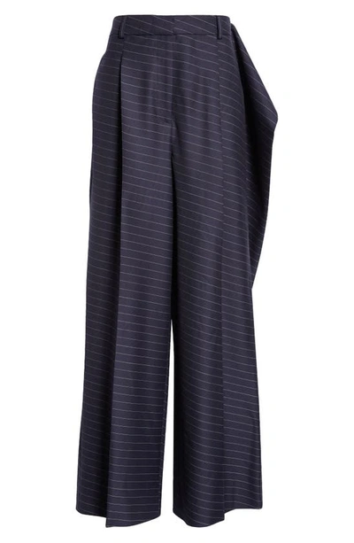 Shop Jw Anderson Pinstripe Drape Detail Wool Blend Trousers In Navy