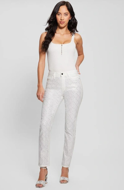Guess Girly Rhinestone Stretch Cotton Pants In White