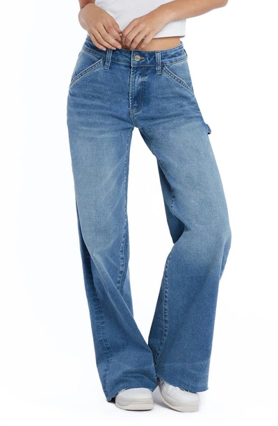 Shop Hint Of Blu Raw Hem Wide Leg Carpenter Jeans In Palma Blue