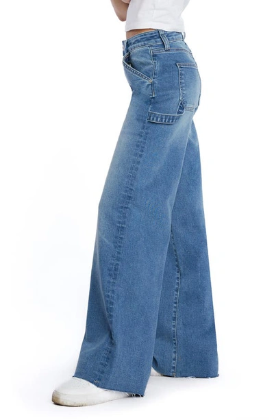 Hint Of Blu Raw Hem Wide Leg Carpenter Jeans In Palma Blue