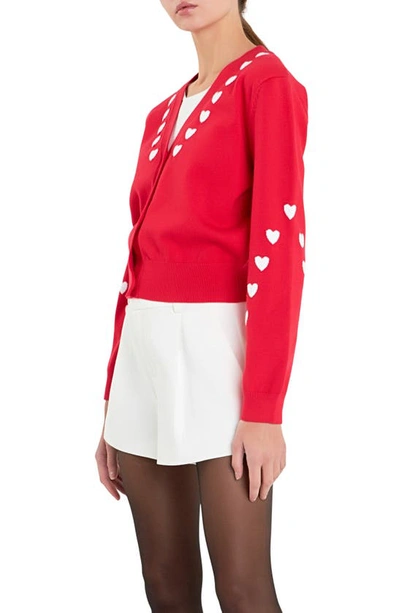 Shop English Factory Heart V-neck Crop Cardigan In Red