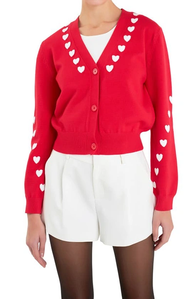 Shop English Factory Heart V-neck Crop Cardigan In Red