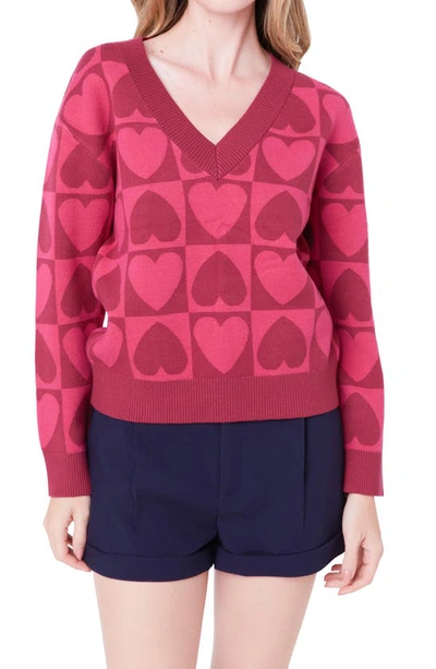 English Factory Heart V-neck Pullover Sweater In Pink Multi