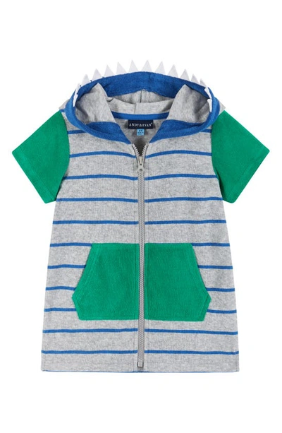 Shop Andy & Evan Kids' Stripe Terry Hooded Short Sleeve Cover-up Jacket In Grey Striped