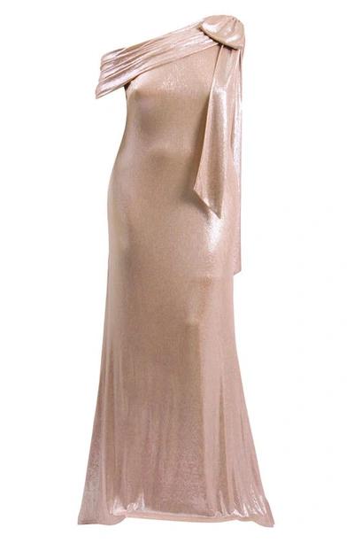 Shop Tadashi Shoji Bow One-shoulder Metallic Gown In Antique Pink
