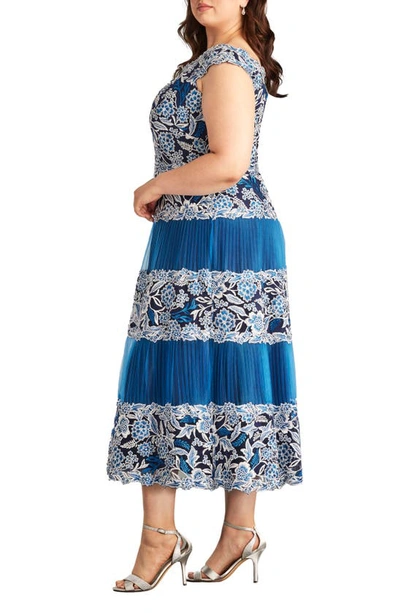 Shop Tadashi Shoji Floral Embroidery Pleated Off The Shoulder Midi Dress In Pacific Blue