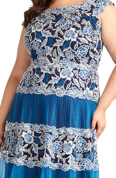Shop Tadashi Shoji Floral Embroidery Pleated Off The Shoulder Midi Dress In Pacific Blue