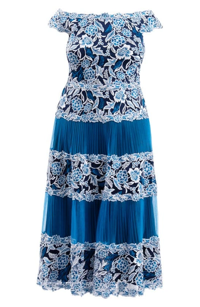 Tadashi Shoji Women's Off-the-shoulder Embroidered Midi-dress In Pacific Blue