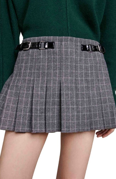 Shop Maje Jocelyn Windowpane Check Pleated Miniskirt In Grey