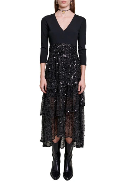 Shop Maje Resther Sequin Lace Mixed Media High-low Dress In Black