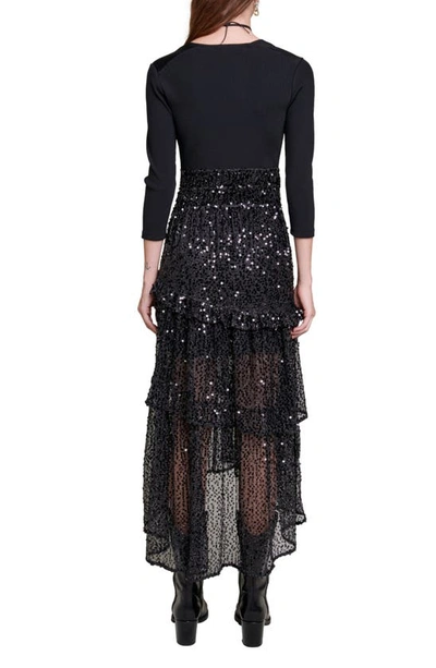 Shop Maje Resther Sequin Lace Mixed Media High-low Dress In Black