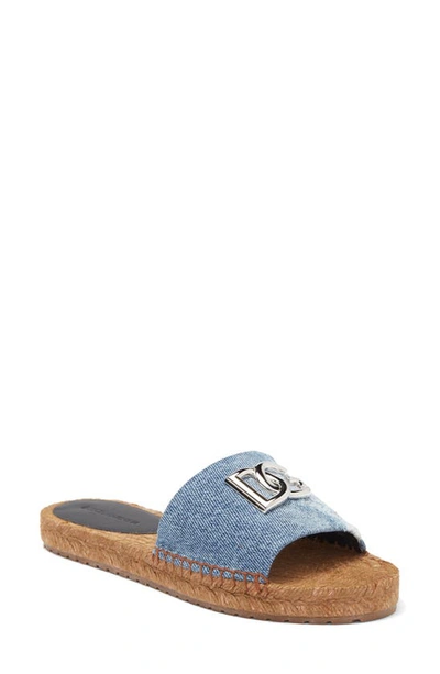 Dolce & Gabbana Patchwork Denim Dg Logo Flat Slides In Denim Blue