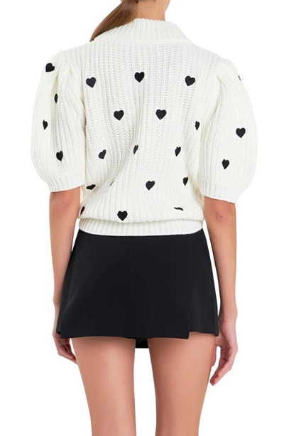 Shop English Factory Heart Embroidered Puff Sleeve Sweater In White/ Black