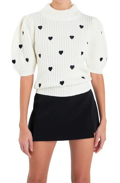 Shop English Factory Heart Embroidered Puff Sleeve Sweater In White/ Black