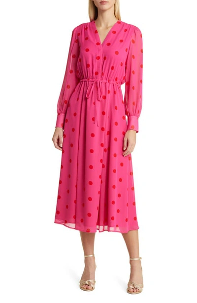 Shop Anne Klein Polka Dot Long Sleeve Midi Dress In Light Amaranth/ Poppy