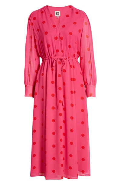 Shop Anne Klein Polka Dot Long Sleeve Midi Dress In Light Amaranth/ Poppy