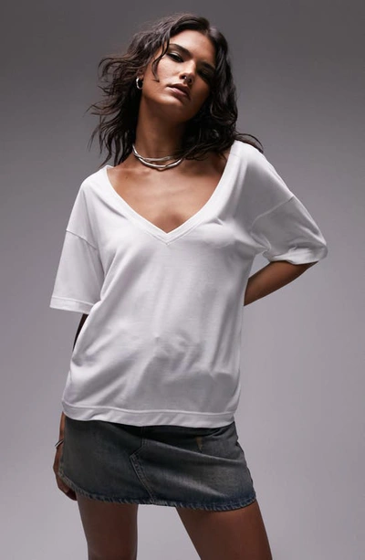 Shop Topshop Slouchy Deep V-neck T-shirt In White