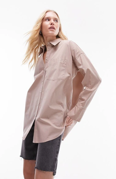 Shop Topshop Oversize Poplin Button-up Shirt In Taupe