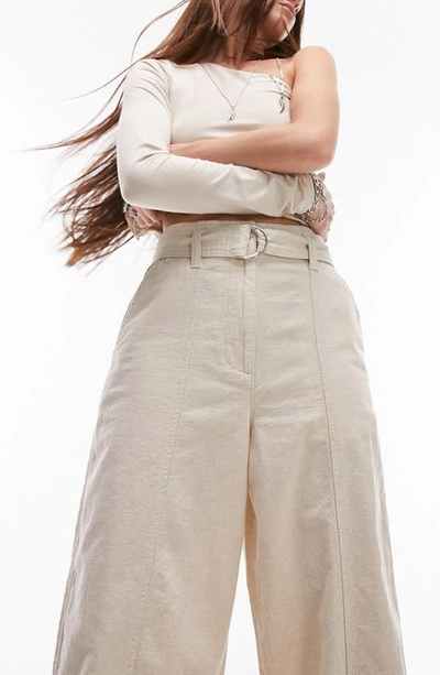 Shop Topshop Belted Cotton & Linen Wide Leg Trousers In Ivory