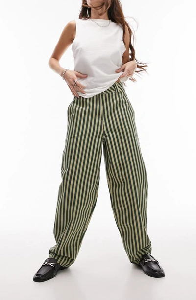 Shop Topshop Stripe High Waist Wide Leg Cotton Pants In Khaki