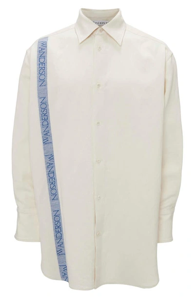 Shop Jw Anderson Oversize Logo Tape Cotton & Linen Button-up Shirt In Off White