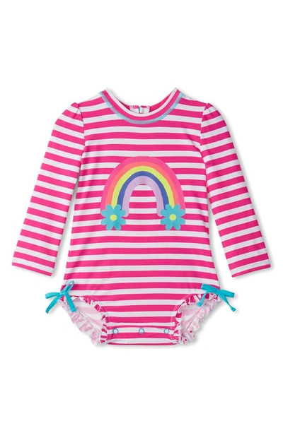 Shop Hatley Kids' Candy Stripe One-piece Rashguard Swimsuit In Pink/ White