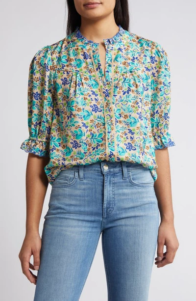 Shop Wit & Wisdom Print Ruffle Eyelet Shirt In Island Sky/macadamia Nut