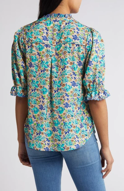 Wit & Wisdom Print Ruffle Eyelet Shirt In Island Sky/macadamia Nut