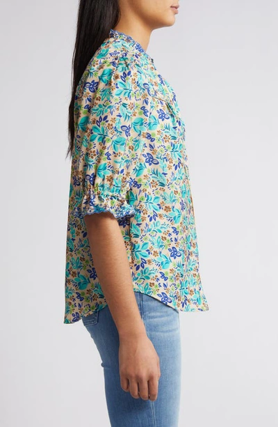 Wit & Wisdom Print Ruffle Eyelet Shirt In Island Sky/macadamia Nut
