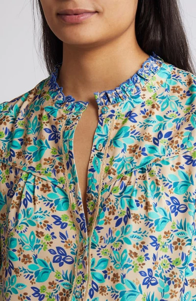 Wit & Wisdom Print Ruffle Eyelet Shirt In Island Sky/macadamia Nut