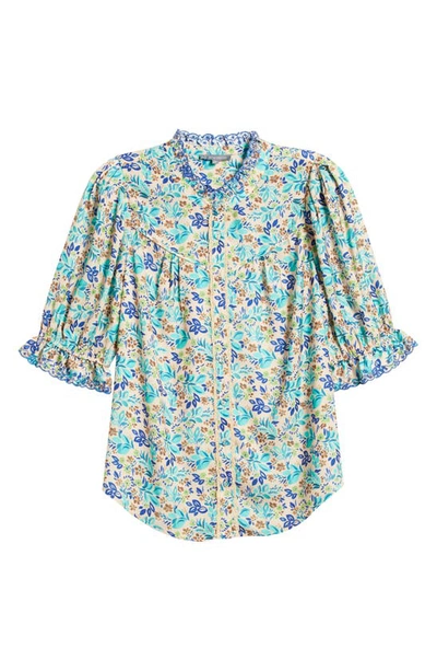 Wit & Wisdom Print Ruffle Eyelet Shirt In Island Sky/macadamia Nut