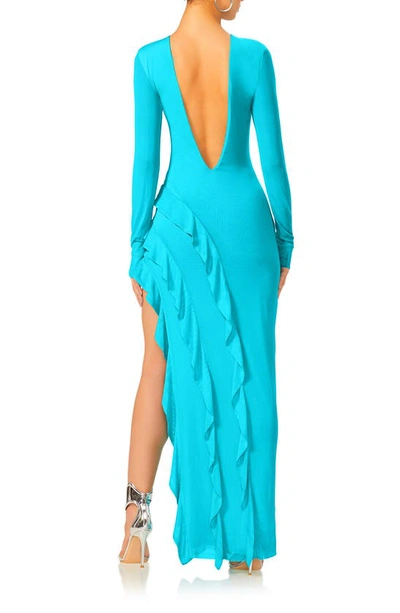 Shop Afrm Jacie Ruffle Detail Open Back Long Sleeve Gown In Aqua