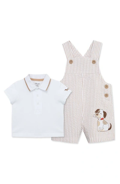 Shop Little Me Cotton Polo & Puppy Embroidered Shortalls Set In Tan