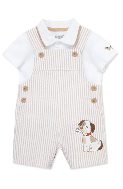 Shop Little Me Cotton Polo & Puppy Embroidered Shortalls Set In Tan