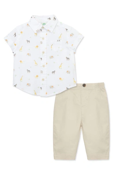 Shop Little Me Safari Print Cotton Shirt & Pants Set In Tan