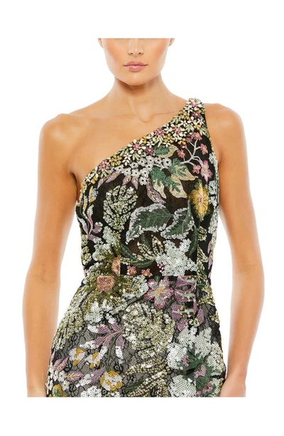 Shop Mac Duggal Floral Sequin One-shoulder Gown In Black Multi
