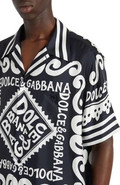 Shop Dolce & Gabbana Marina Print Silk Twill Button-up Shirt In Marina Blue
