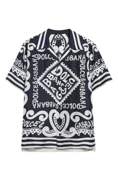 Shop Dolce & Gabbana Marina Print Silk Twill Button-up Shirt In Marina Blue