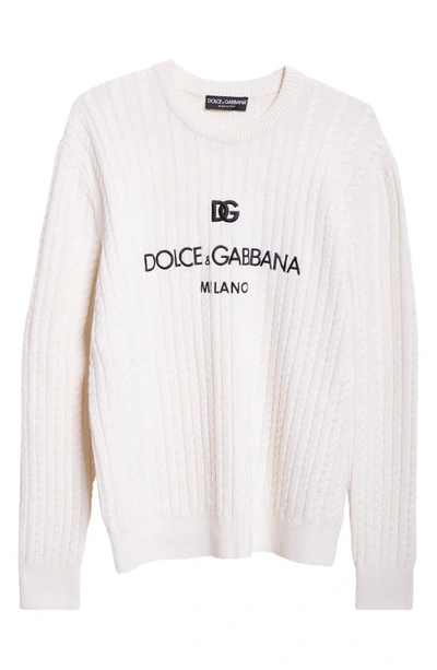 Shop Dolce & Gabbana Embroidered Logo Cable Knit Virgin Wool Crewneck Sweater In W0800 Bianco Ottico