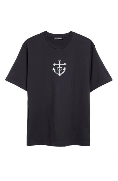 Shop Dolce & Gabbana Marina Anchor Logo Cotton Graphic T-shirt In B0665 Blu Scurissimo 1