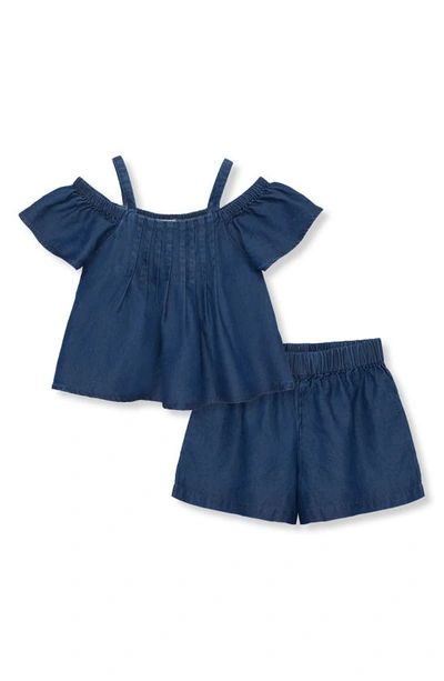 Shop Habitual Kids Kids' Pleated Cold Shoulder Denim Top & Shorts Set In Indigo