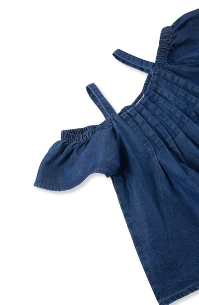 Shop Habitual Kids Kids' Pleated Cold Shoulder Denim Top & Shorts Set In Indigo